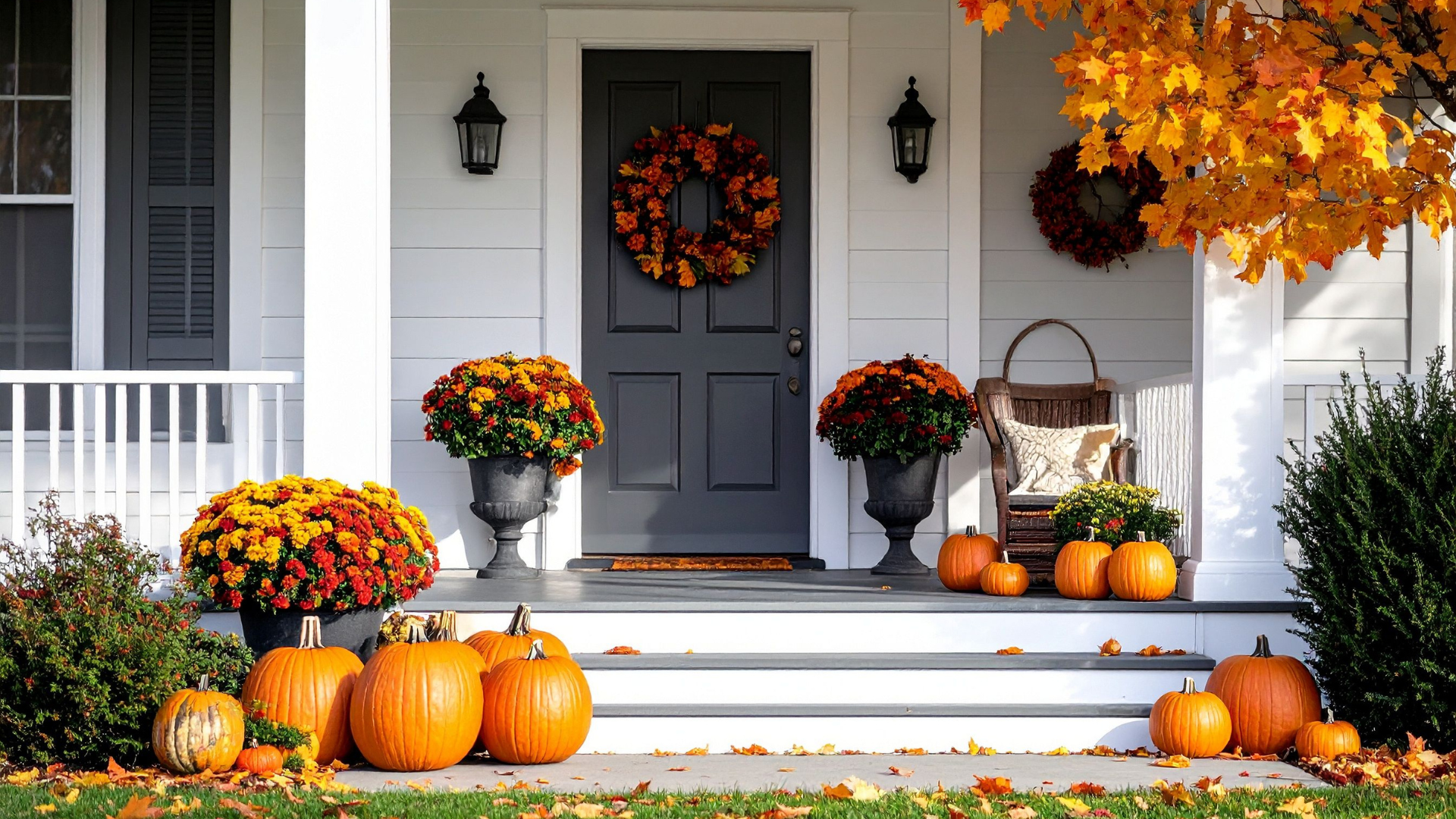 Pacific Northwest home in autumn surrounded by fall leaves