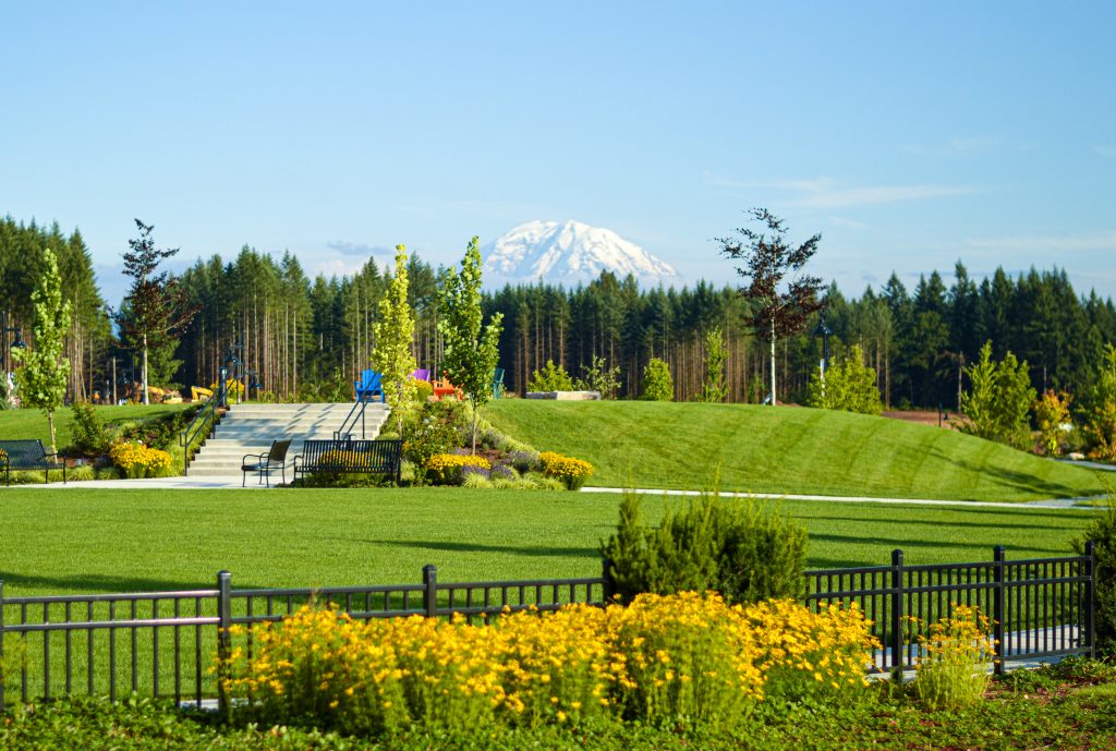 Community park at Ten Trails in Black Diamond with Mt. Rainier in the background