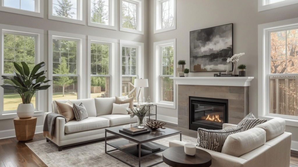 Staged living room in a Puget Sound home prepared for sale with large windows, neutral decor, and fireplace.