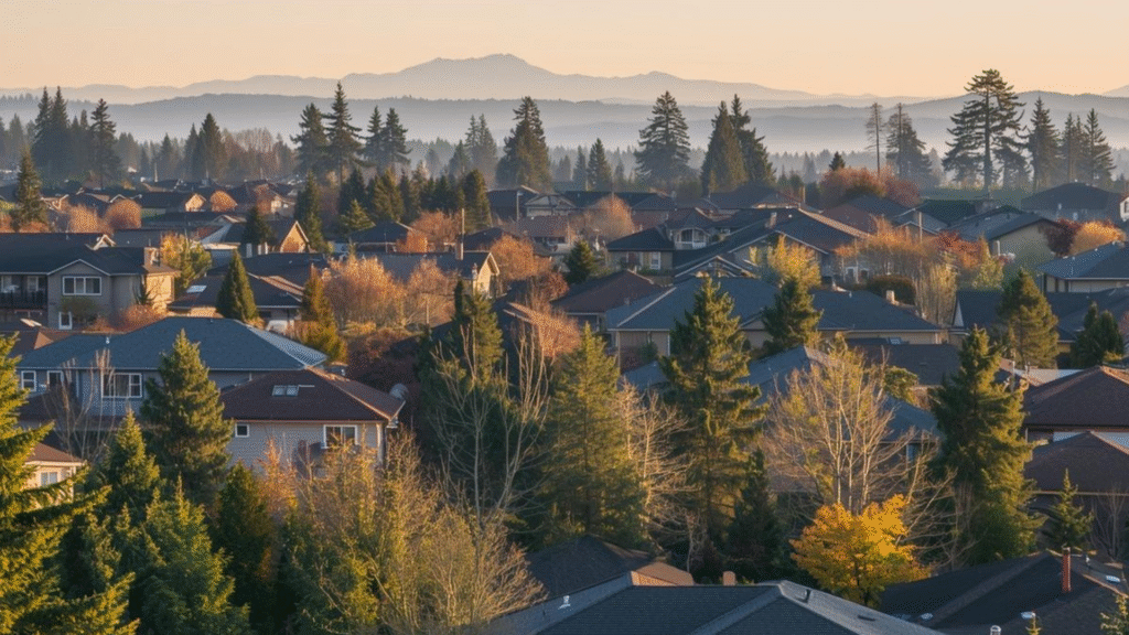 Residential neighborhood in the Puget Sound region of Washington State with evergreen trees and mountain backdrop during fall.