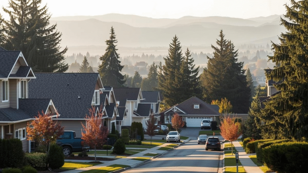 Tree-lined residential neighborhood in the Puget Sound region of Washington with mountain views in the distance.