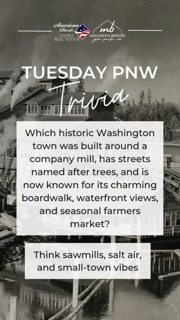 This Charming Waterfront Town Has Some Serious PNW History 🌲
Back in the early 1900s, this town was home to one of the largest lumber mills in the country—and nearly everything revolved around it. Streets were laid out in neat rows and named after trees (hello, Maple, Alder, and Birch), and the mill even provided housing, a general store, and a dance hall for workers.Today, it’s a peaceful little town with a beautiful waterfront, a marina, and a summer farmers market that’s perfect for a Saturday stroll. Locals love the history, the friendly feel, and the views across the Sound.

If you guessed Port Gamble, you nailed it! 🪵

Tag a friend who’d love to wander this cute waterfront town with you. Or tell us your favorite small-town day trip spot!

PNWTrivia PortGamble WashingtonHistory CoastalVibes PugetSoundTowns YourPacificNW TuesdayTrivia